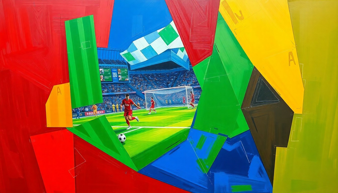 A cubist, geometric painting depicting a soccer match or competition, with overlapping planes of color and form capturing the dynamic energy of the sport.