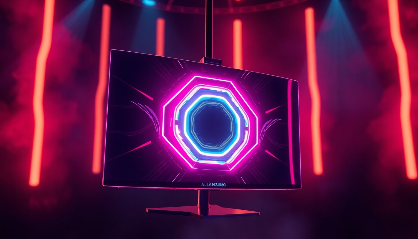 A highly detailed, glowing 3D macro illustration of a futuristic gaming monitor with neon cyan and magenta lights, conceptually representing the immersive, high-tech nature of Samsung's Odyssey 3D gaming ecosystem.