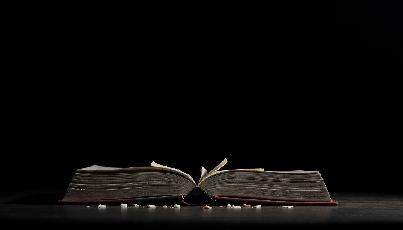 An extreme close-up of a shattered law book cover or legal document, dramatically lit by a harsh flash against a pitch-black background, conceptually representing the violence and lawlessness threatening attorneys in Baja California.