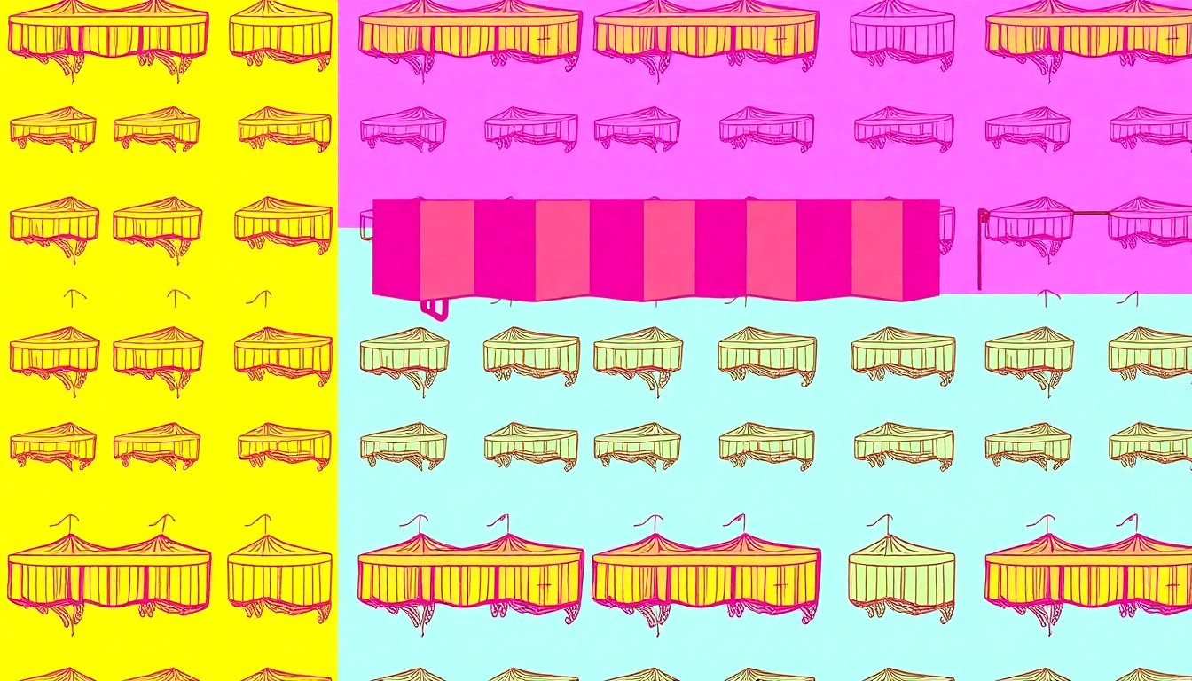 A bold, colorful silkscreen print featuring a repeated pattern of a modern patio awning in shades of neon pink, orange, and blue, conceptually representing the customizable and stylish outdoor upgrades offered by Softek Awnings.