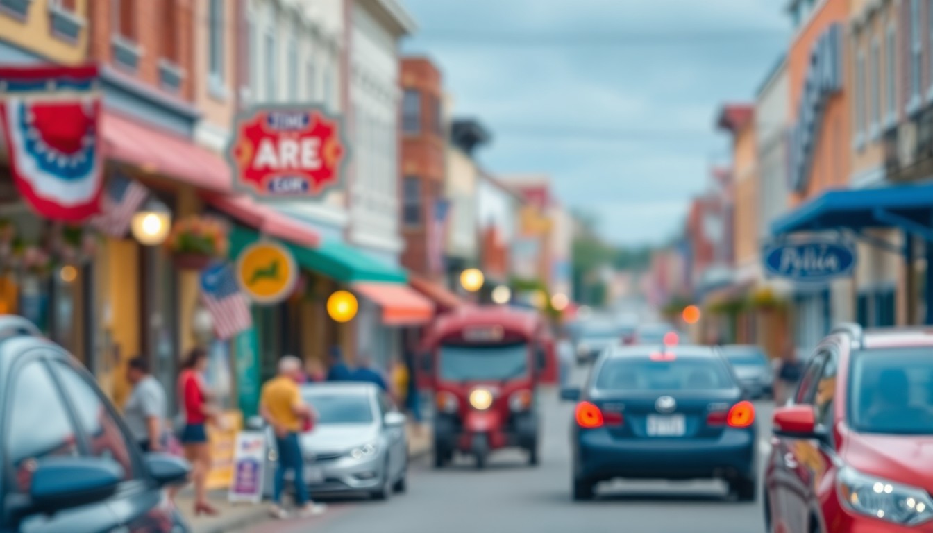 An abstract, impressionistic photograph of a lively small-town street scene, with blurred storefronts, pedestrians, and vehicles creating a dreamlike, celebratory mood.