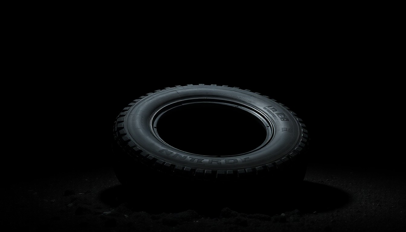 An extreme close-up photograph of a discarded tire against a pitch-black background, lit by a harsh, direct camera flash, conceptually representing the illegal dumping problem in Flint.