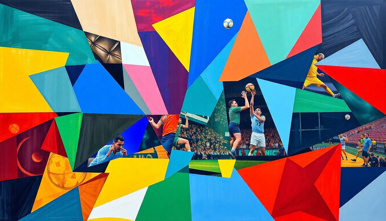 A cubist, geometric painting featuring overlapping shapes and planes in vibrant colors, representing various sporting activities and competitions in an abstract, deconstructed style.