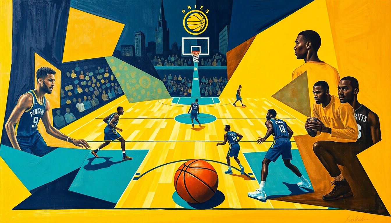 A fractured, geometric painting depicting an abstract basketball game, with overlapping shapes and planes in a vibrant color palette representing the players, court, and ball.