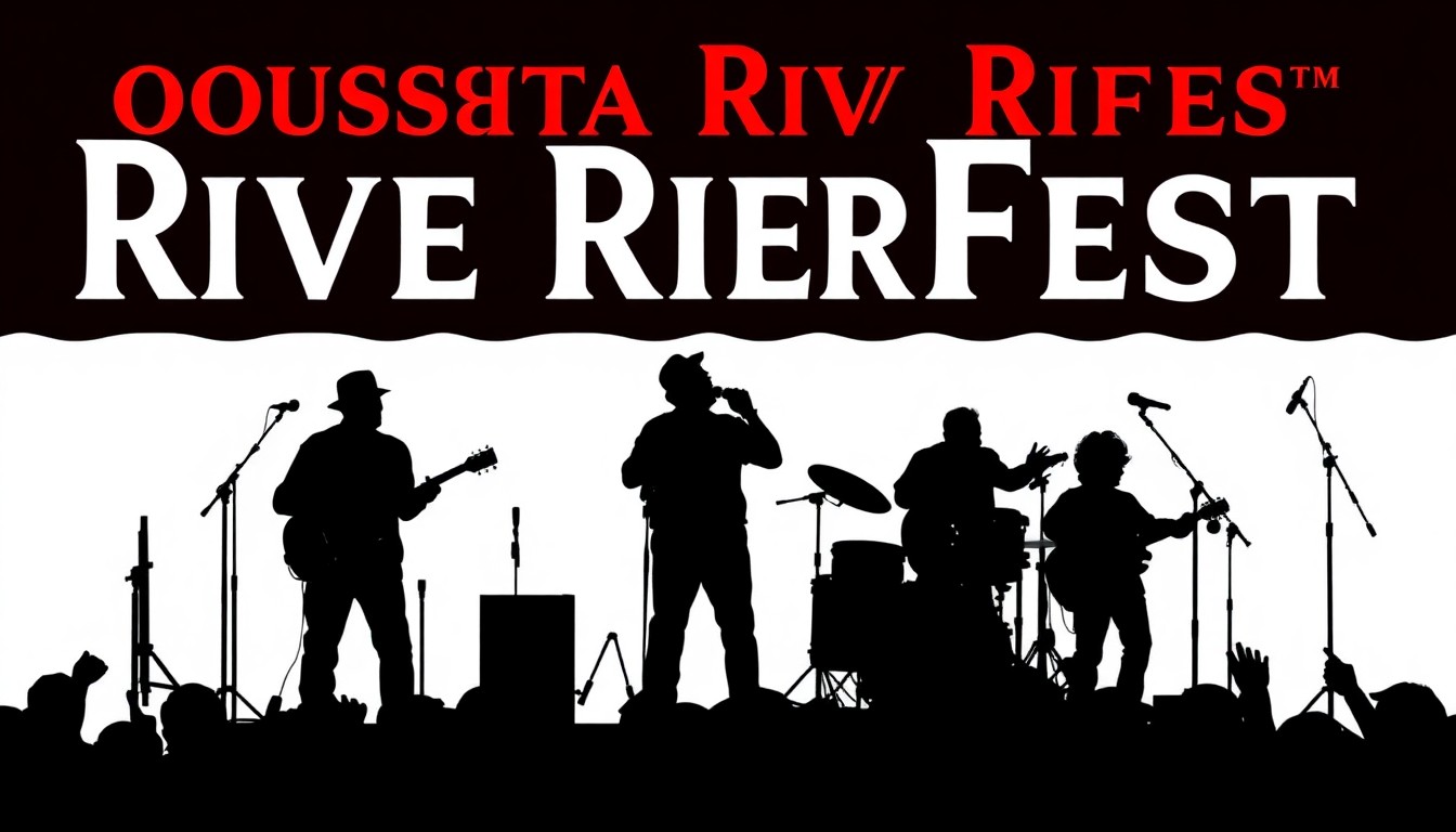 An abstract illustration featuring bold, jagged black silhouettes of musicians and festival-goers against a backdrop of bright red and white geometric shapes, conceptually representing the lively atmosphere of the Ouachita RiverFest.