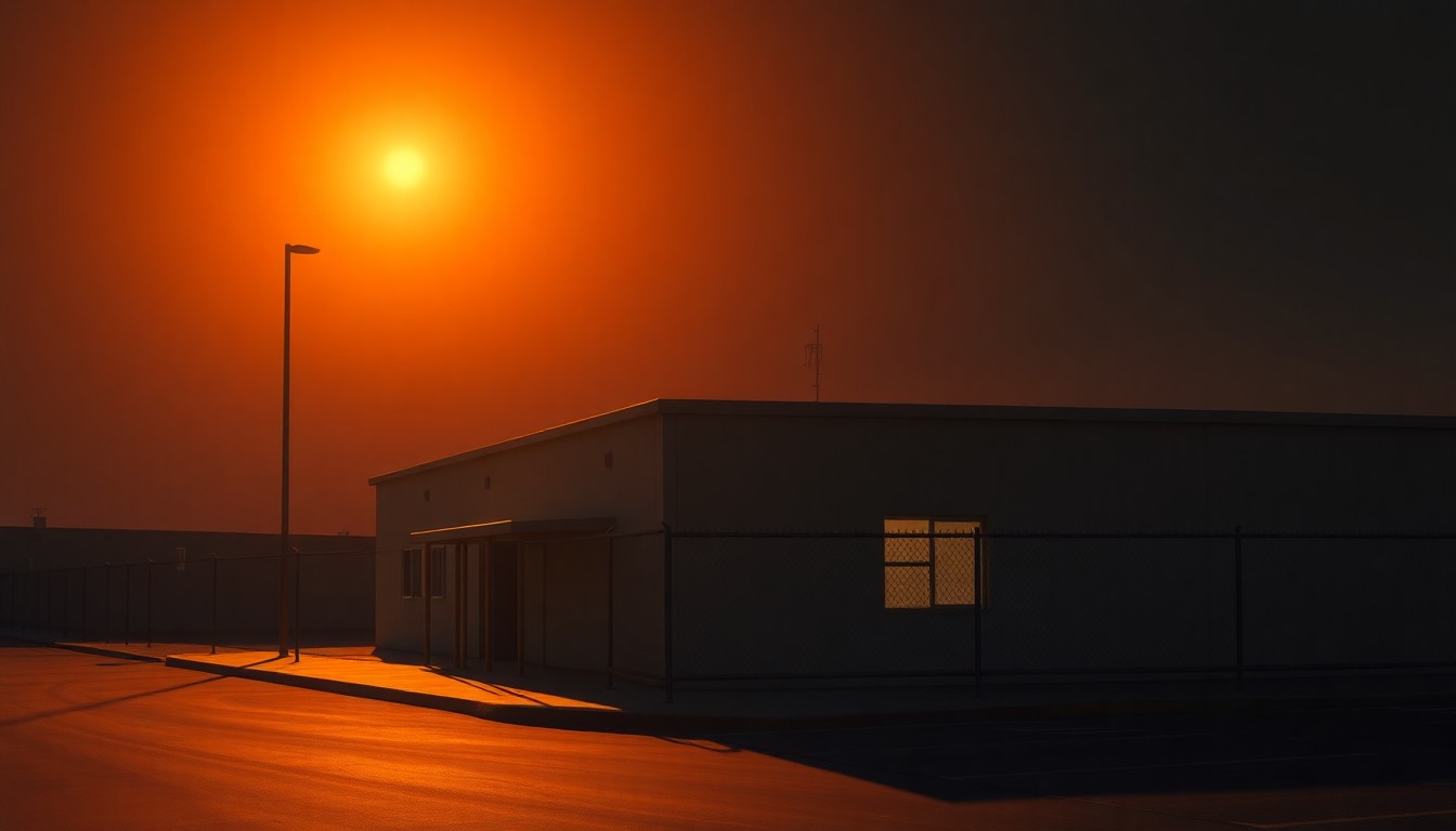 A serene, cinematic painting of the exterior of a nondescript government building, with warm sunlight casting long shadows across the facade and surrounding landscape, evoking a sense of quiet contemplation about the facility's purpose and operations.