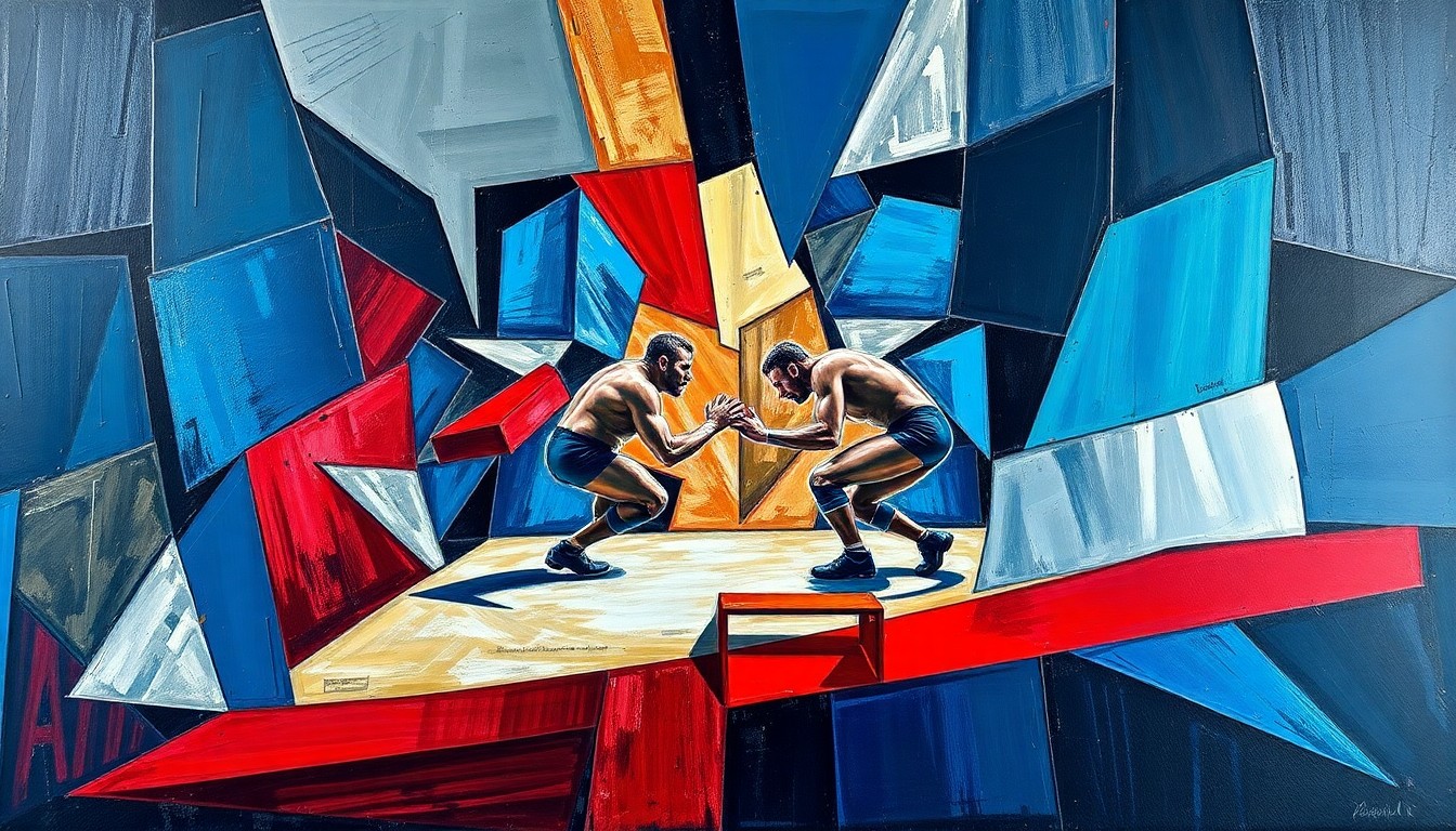 A cubist, geometric painting depicting a wrestling match or competition, with sharp, overlapping planes of color in blues, reds, and silvers, conceptually representing NXT's effort to establish itself as a distinct brand.