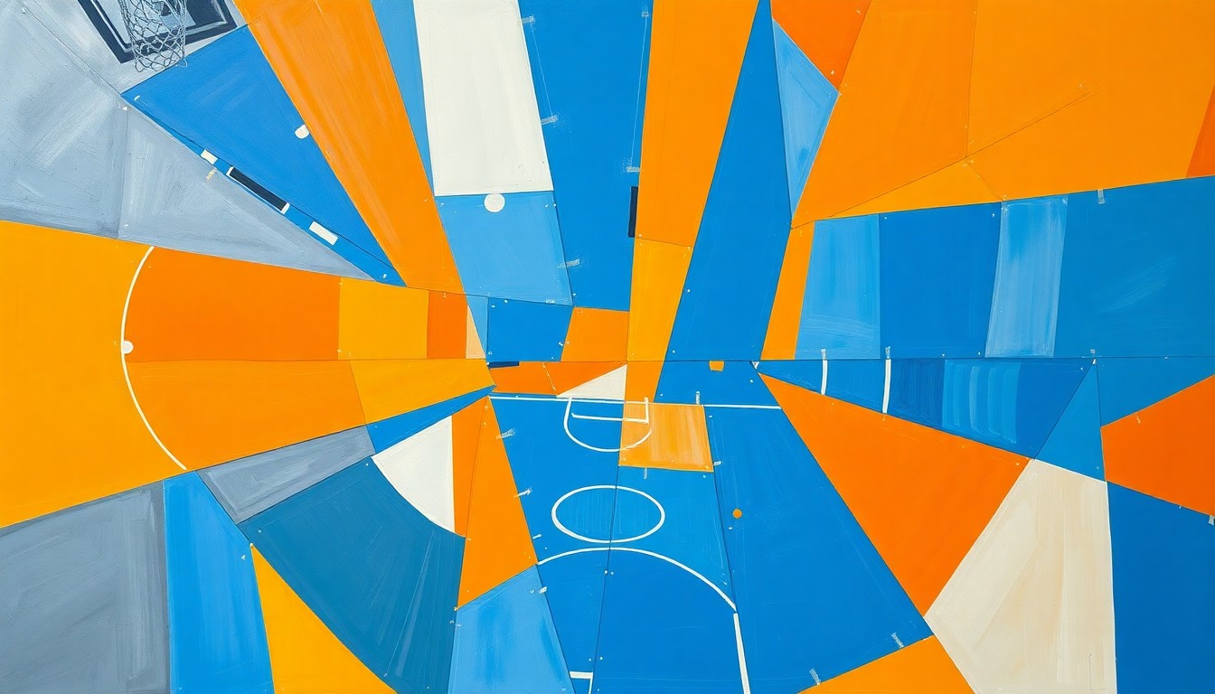 A fragmented, geometric painting in shades of orange, blue, and white, capturing the dynamic movement and competitive spirit of a basketball game or match.