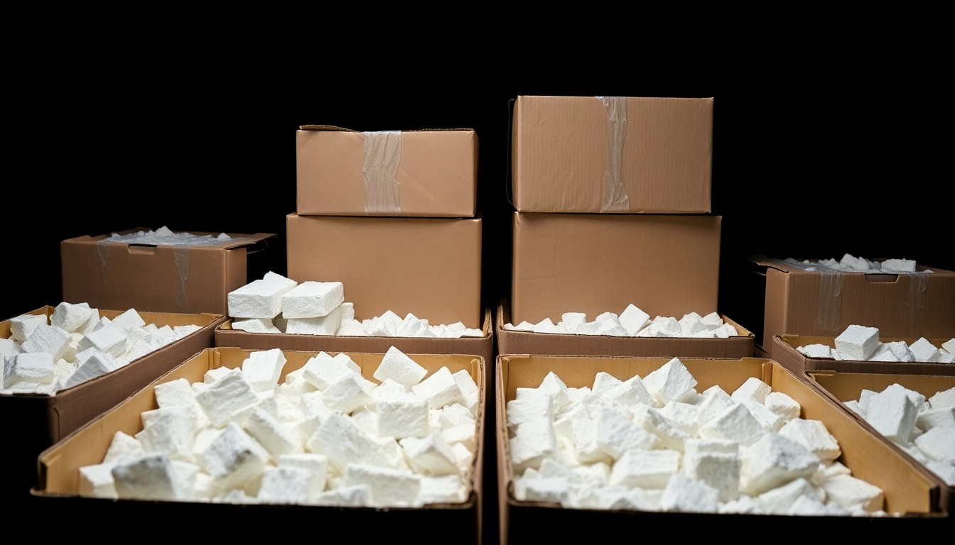 An extreme close-up photograph of several large cardboard boxes filled with tightly packed white bricks, conceptually illustrating the seizure of a massive cocaine shipment at the border.