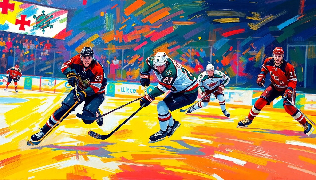 An abstract painting in neon colors with rapid, expressive brushstrokes depicting the intense action and energy of a professional hockey game.