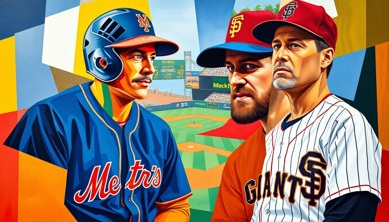 A vibrant, abstract painting featuring sharp, overlapping geometric shapes in the colors of the Mets and Giants uniforms, conceptually representing the dynamic action of a baseball game between the two teams.
