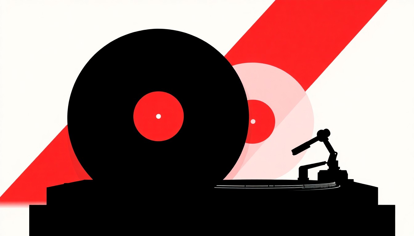 An abstract, minimalist illustration featuring bold black silhouettes of vinyl records and turntables against a high-contrast background of red and white geometric shapes, conceptually representing the iconic music equipment central to the life and career of the late radio personality Pierre Robert.