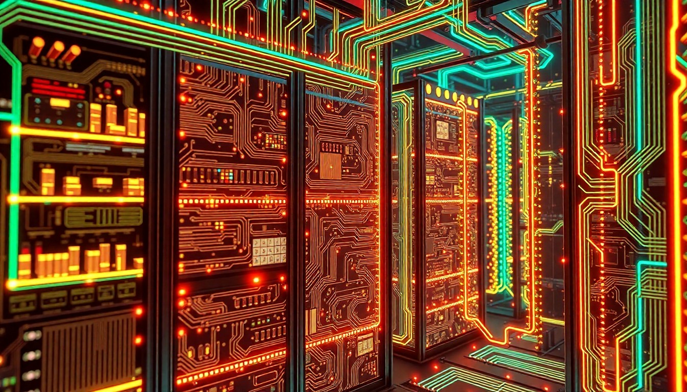 A highly detailed, glowing 3D illustration of a complex, neon-lit Reddit server infrastructure, with pulsing data streams and intricate circuit board patterns, conceptually representing the platform's shift toward algorithmic personalization.
