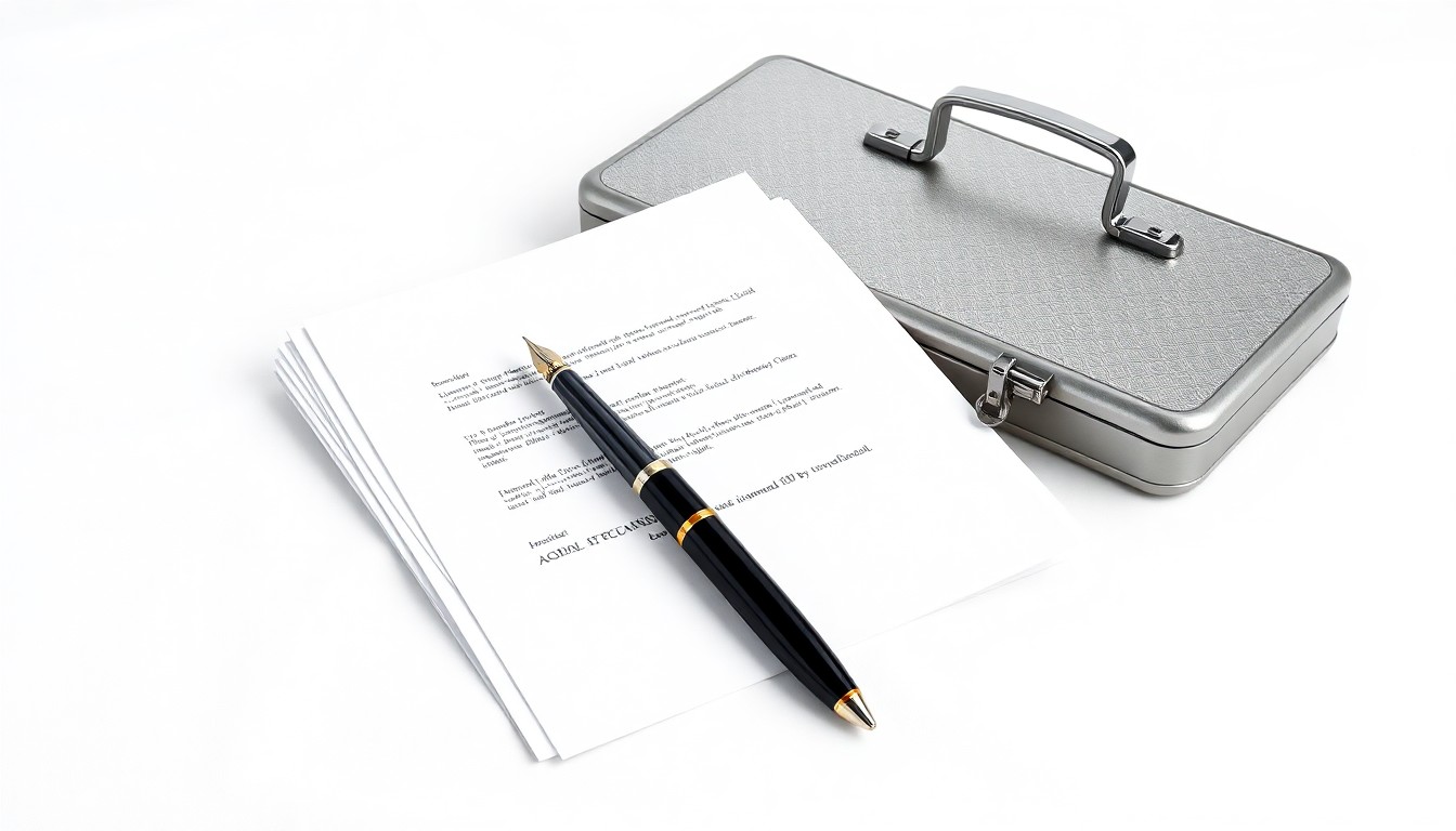 A high-end, photorealistic studio still-life photograph featuring a stack of legal documents, a fountain pen, and a polished metal briefcase arranged elegantly on a clean, white background, symbolizing the financial services and legal expertise that Esquire Bank provides to its clients.