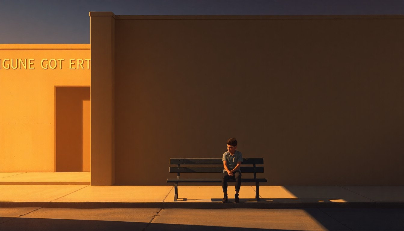A solitary figure of a young migrant sitting on a bench outside a government building, the scene painted in warm, cinematic tones that evoke a sense of isolation and unease.