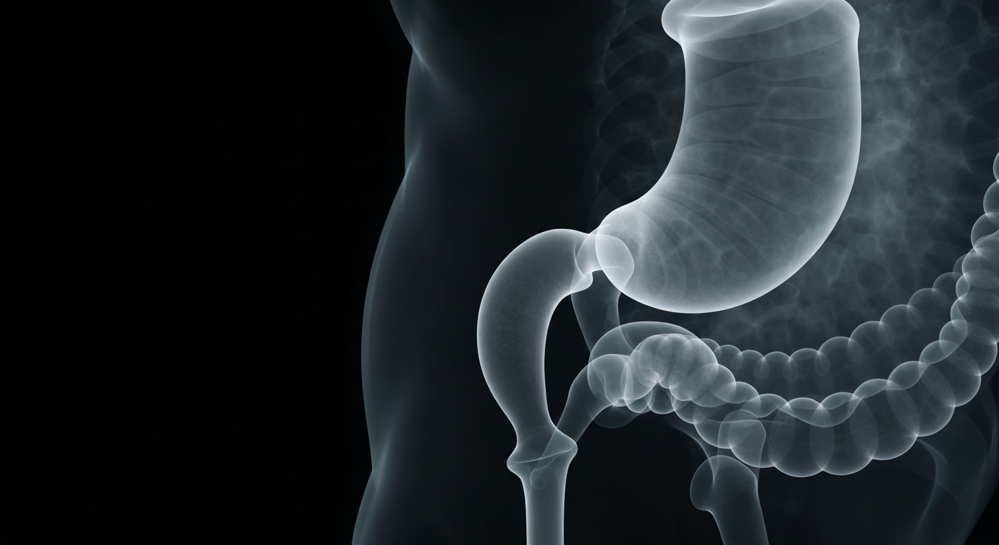 An extreme close-up X-ray photograph revealing the intricate internal structures of the human digestive system, conceptually illustrating the complex biological factors involved in obesity.