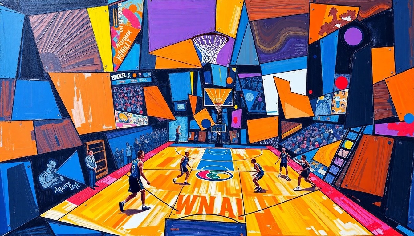 A cubist, geometric painting depicting a fragmented WNBA basketball game, with sharp planes of color and overlapping perspectives capturing the dynamic action of the sport.