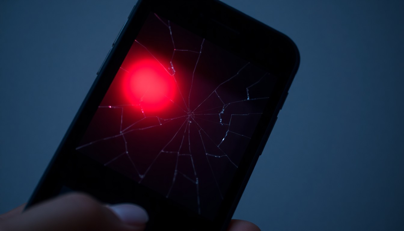 An extreme close-up of a shattered smartphone screen reflecting a faint red light, conceptually representing the use of technology to record a sexual assault.