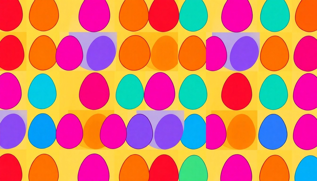 A high-contrast, brightly colored silkscreen print of a single Easter egg repeated in a tight grid pattern, rendered in vibrant neon hues with heavy black outlines, conceptually representing the American egg's role in springtime celebrations.