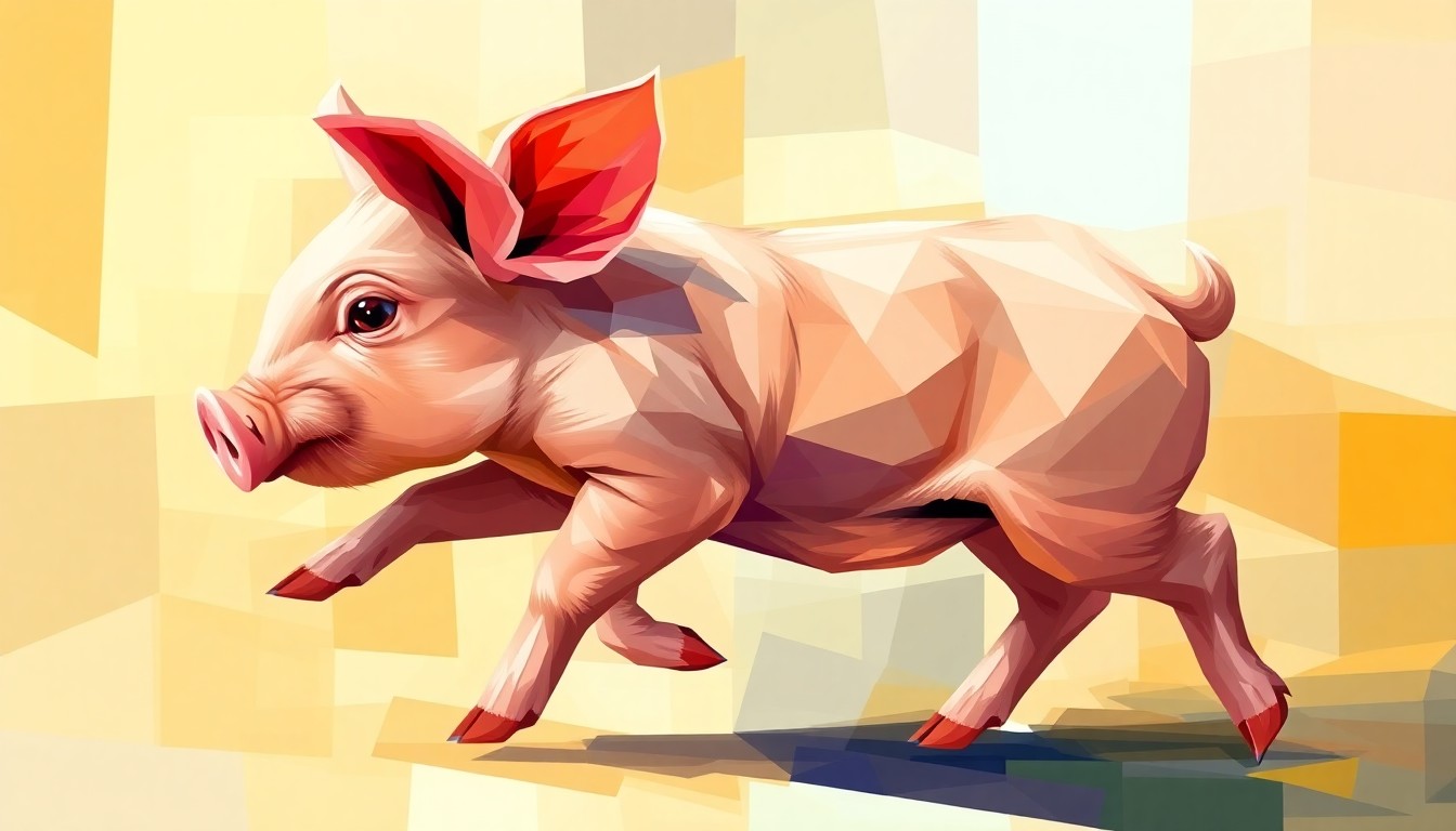 A dynamic, fragmented painting featuring a piglet in motion, repeated in overlapping geometric shapes and vibrant colors, conceptually representing the creative campaign tactics being employed by Michigan gubernatorial candidates.