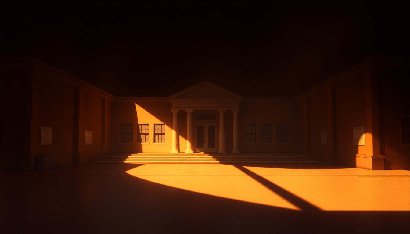 A photorealistic painting of an empty town hall or municipal building in a small town, with warm sunlight streaming through the windows and deep shadows across the facade, creating a quiet, melancholic atmosphere.
