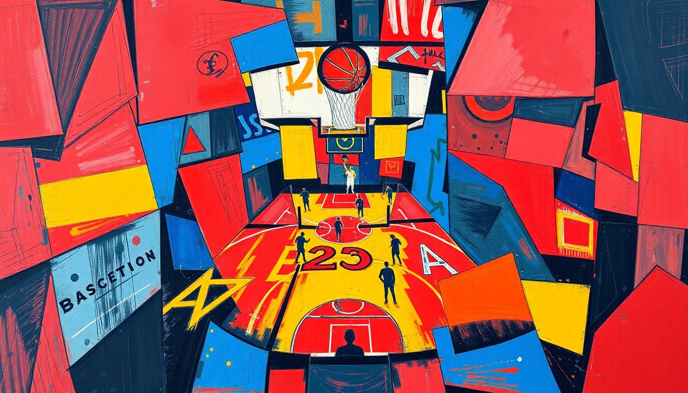 A cubist, geometric painting depicting a fragmented basketball game, with sharp planes of red, blue, and yellow intersecting to create a dynamic, abstract composition.