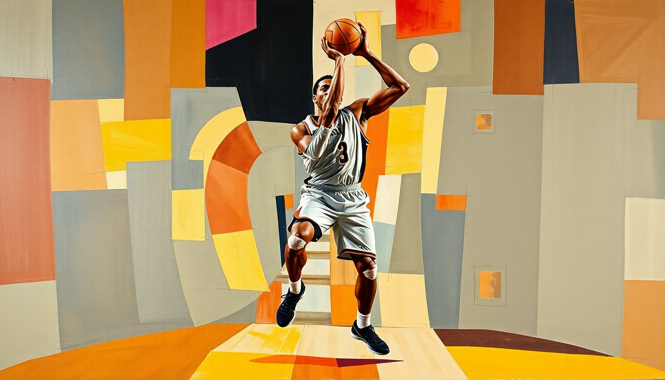A fragmented, geometric painting depicting a basketball player's body broken down into overlapping planes of color and abstract shapes, conveying the importance of physical development in the sport.
