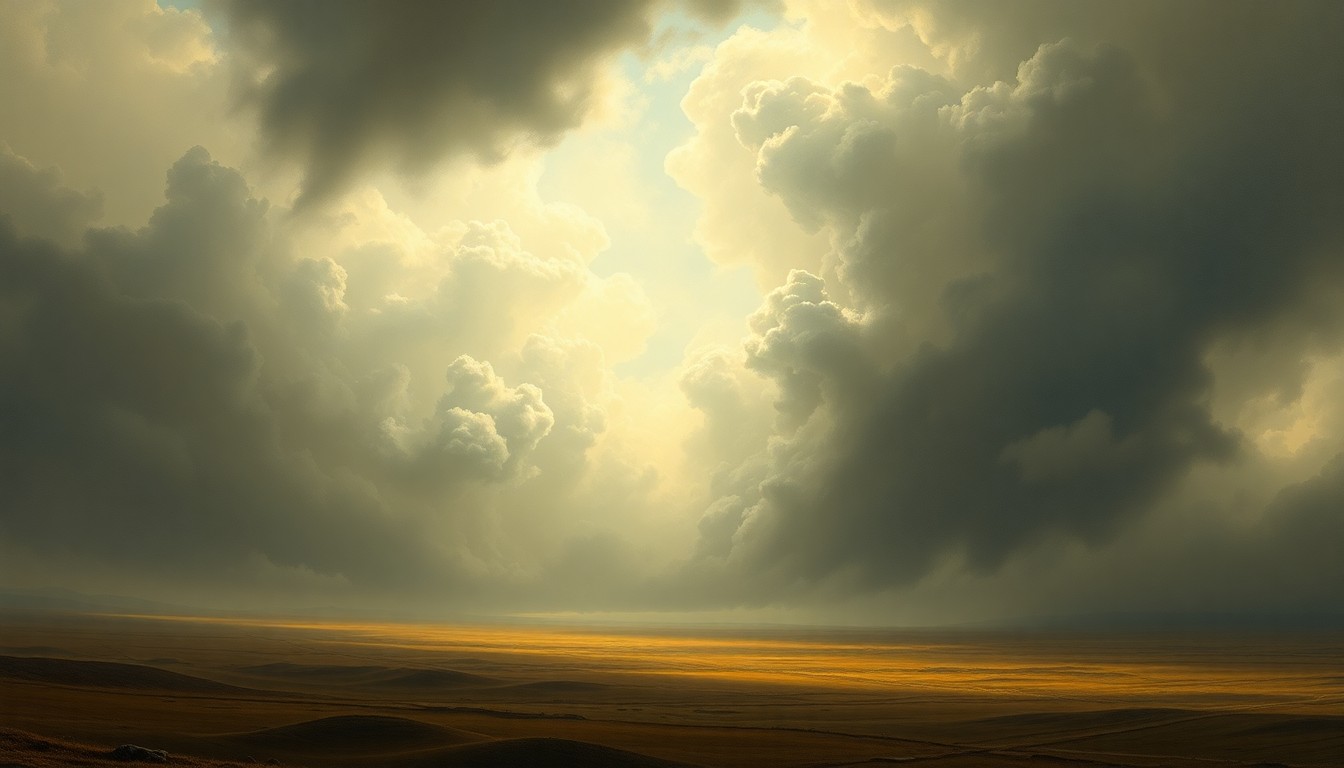 A sweeping, atmospheric landscape painting in muted tones of gray, blue, and green, with dramatic clouds and wind gusts dominating the frame and dwarfing any small physical structures or objects in the distance.