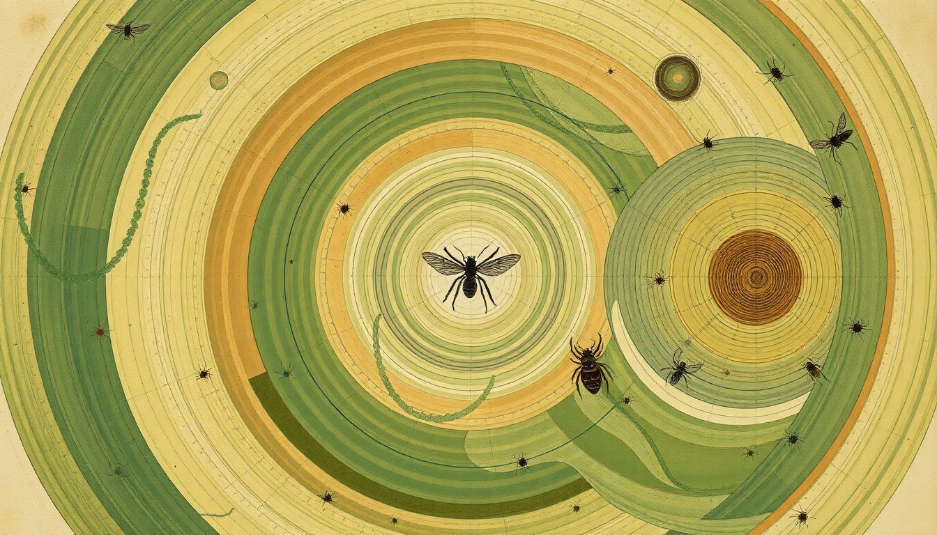 A highly structured abstract painting in muted earth tones, featuring sweeping geometric arcs, concentric circular patterns, and precise organic spirals, conveying the complex interconnectedness of the natural world.