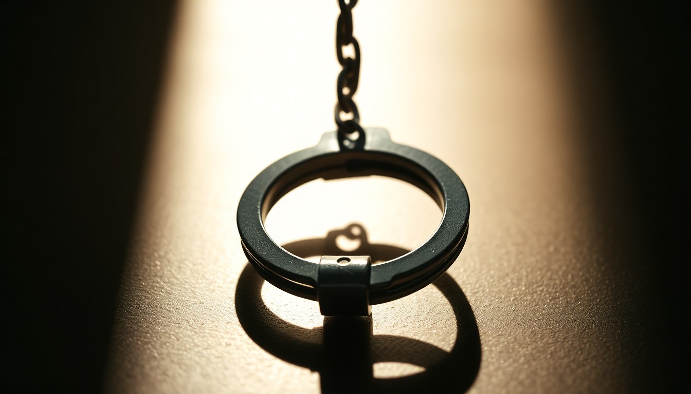 An extreme close-up photograph of a single handcuff, the metal surface reflecting harsh light and casting dramatic shadows, conceptually representing the criminal justice system.