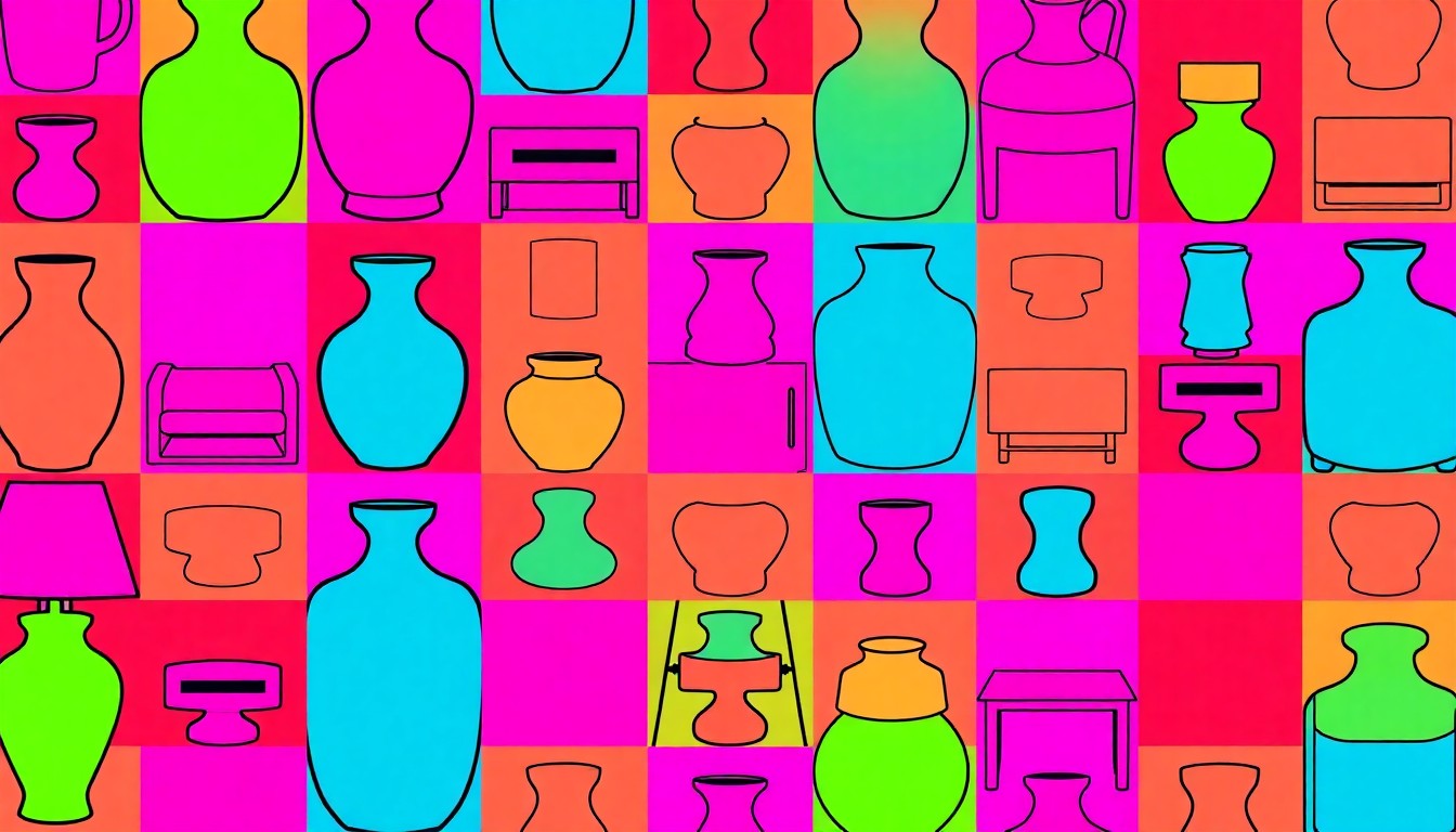 A brightly colored, high-contrast silkscreen print of a single, iconic interior design object such as a vase, lamp, or chair repeated in a tight grid pattern, conceptually representing how thoughtful design choices can elevate everyday elements into a cohesive, visually striking aesthetic.