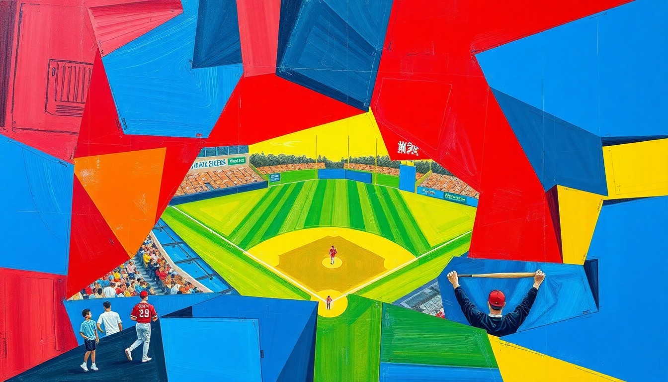 A fragmented, multi-angled painting in bold primary colors depicting the dynamic action of a high school baseball game, with players and field elements broken down into sharp, overlapping geometric shapes.