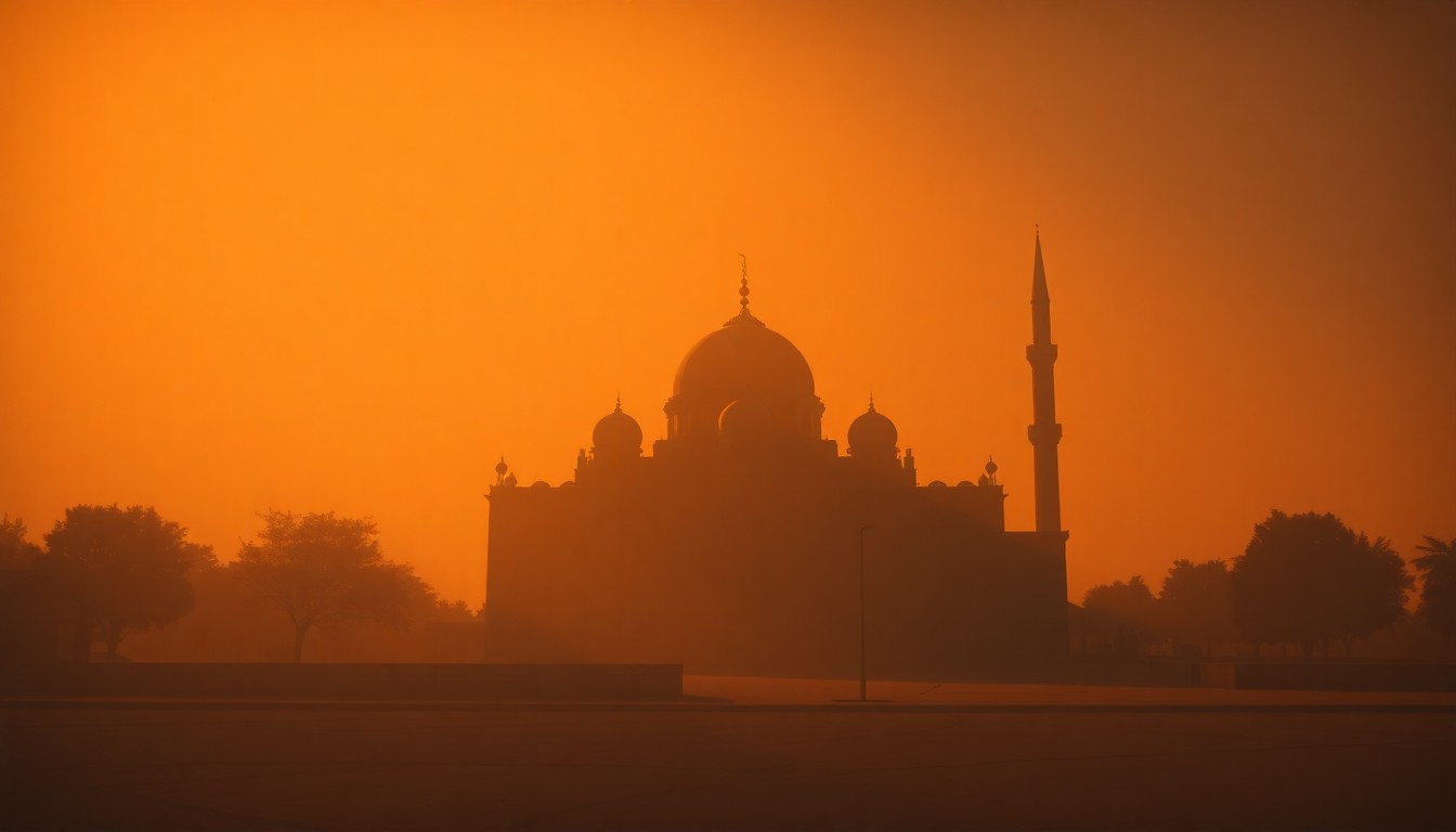 A serene, photorealistic painting of a mosque building in a city setting, with warm sunlight casting long shadows across the facade and surrounding area, evoking a sense of quiet contemplation and the weight of political tensions.
