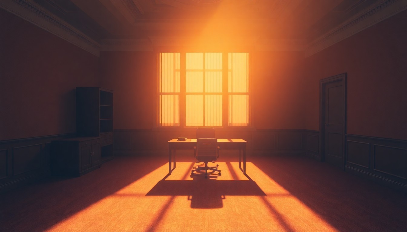 A dimly lit, cinematic government office interior with a single desk and chair in the center, the space bathed in warm, diagonal sunlight and deep shadows, conceptually representing the secretive and tense atmosphere surrounding the firing of the former Attorney General.
