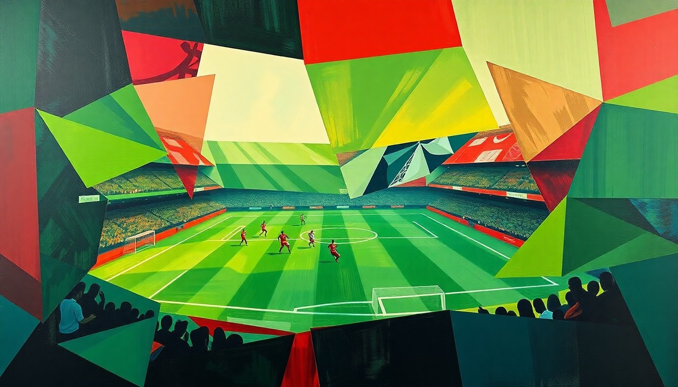 A cubist, geometric painting depicting an intense soccer match between two teams, with the players and field fragmented into sharp, overlapping planes of color.