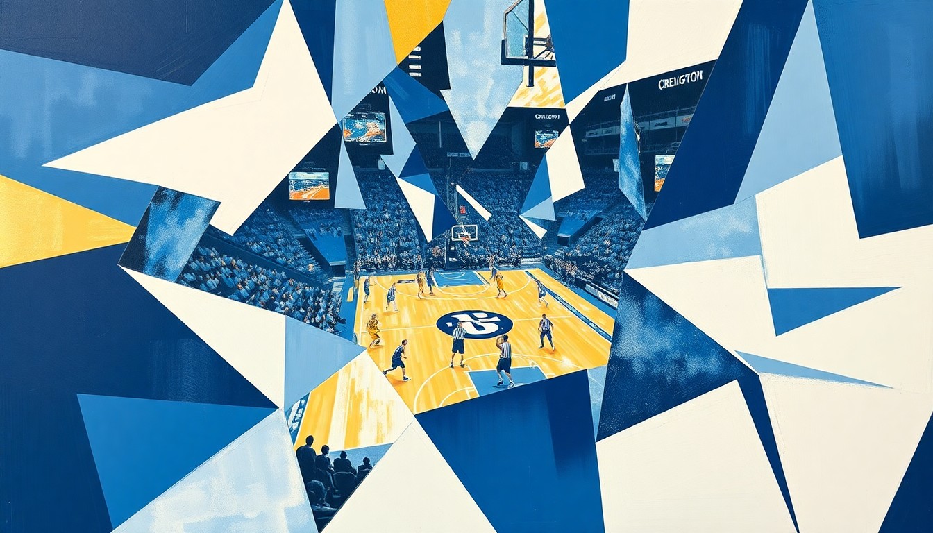 A cubist-style painting featuring overlapping geometric shapes and planes in shades of blue, white, and gold, representing the dynamic action of a basketball game without any identifiable players or teams.