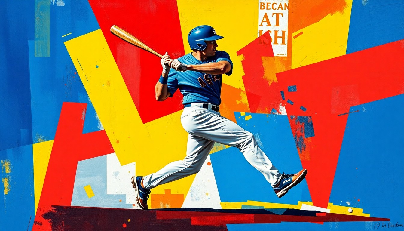 A fragmented, geometric painting depicting the motion and energy of a baseball player's actions, rendered in a cubist style with bold, contrasting colors.
