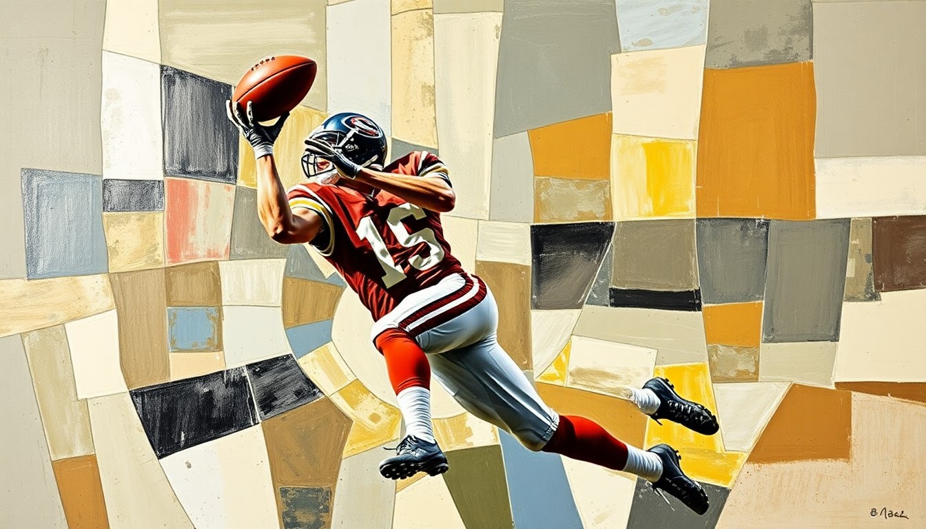 A cubist-style painting depicting a football player making a catch, with the figure broken down into sharp, overlapping geometric shapes and planes of color, conveying the competitive nature of the upcoming NFL draft.