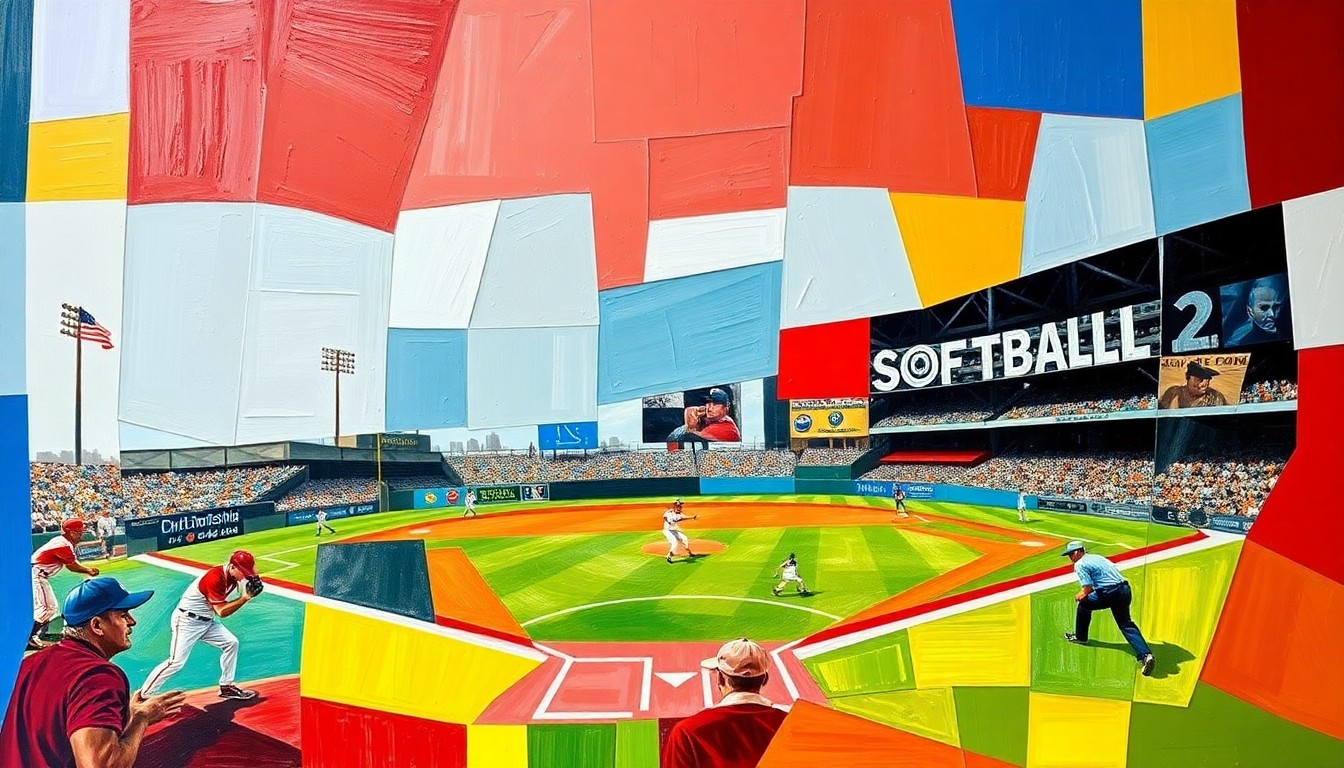 A fragmented, geometric painting in bold primary colors depicting the dynamic action and energy of a high school softball game, with overlapping shapes and planes representing the players, field, and crowd.