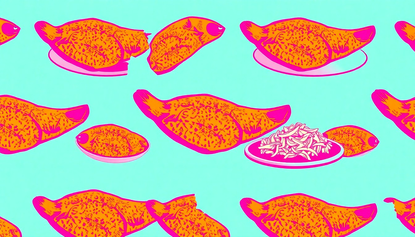 A brightly colored, high-contrast silkscreen print of a single, iconic fried fish filet repeated in a tight grid pattern, conceptually representing the vibrant and festive atmosphere of a community fish fry event.