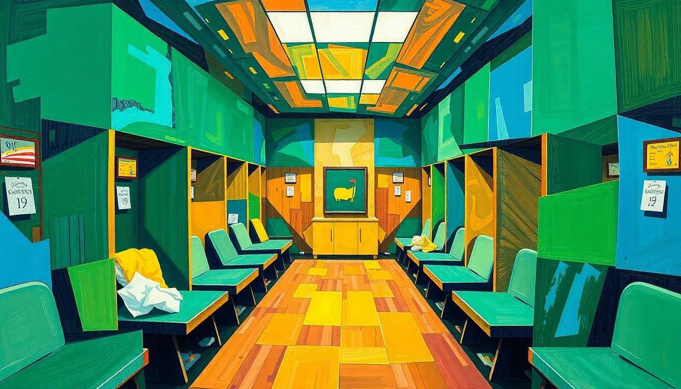 A cubist, geometric painting depicting the interior of the Masters champions' locker room, with overlapping planes of color and shape representing the shared lockers and the reverence of the space.