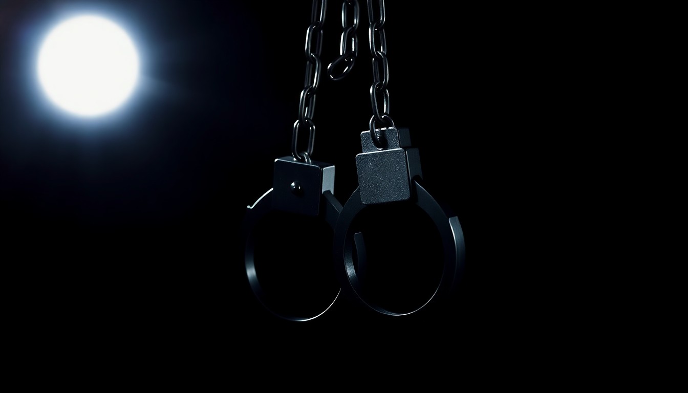 An extreme close-up photograph of a pair of handcuffs, the metal reflecting a harsh, direct flash of light against a pitch-black background, conceptually representing the arrest of a suspected human trafficker.