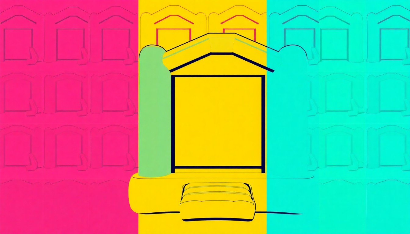 A brightly colored, high-contrast silkscreen print of a giant inflatable bounce house, repeated in a tight grid pattern in the style of Andy Warhol, capturing the playful and energetic spirit of this unique summer event.