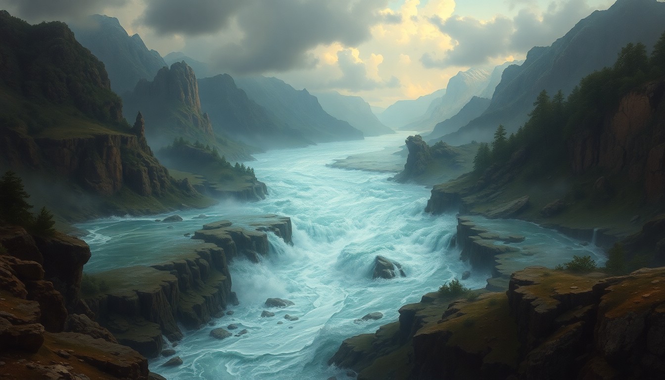 A vast, atmospheric landscape painting in muted earth tones, with a swollen, turbulent creek cutting through the center of the frame, the water's edge obscured by heavy fog and dramatic lighting that dwarfs any physical structures or human elements.
