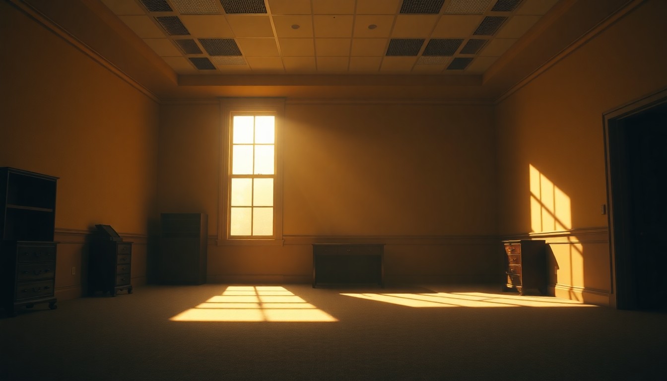 A dimly lit, cinematic painting of an empty government office space, with sunlight streaming in through the windows and casting long shadows across the room, conveying a sense of political uncertainty and the weight of policy decisions.