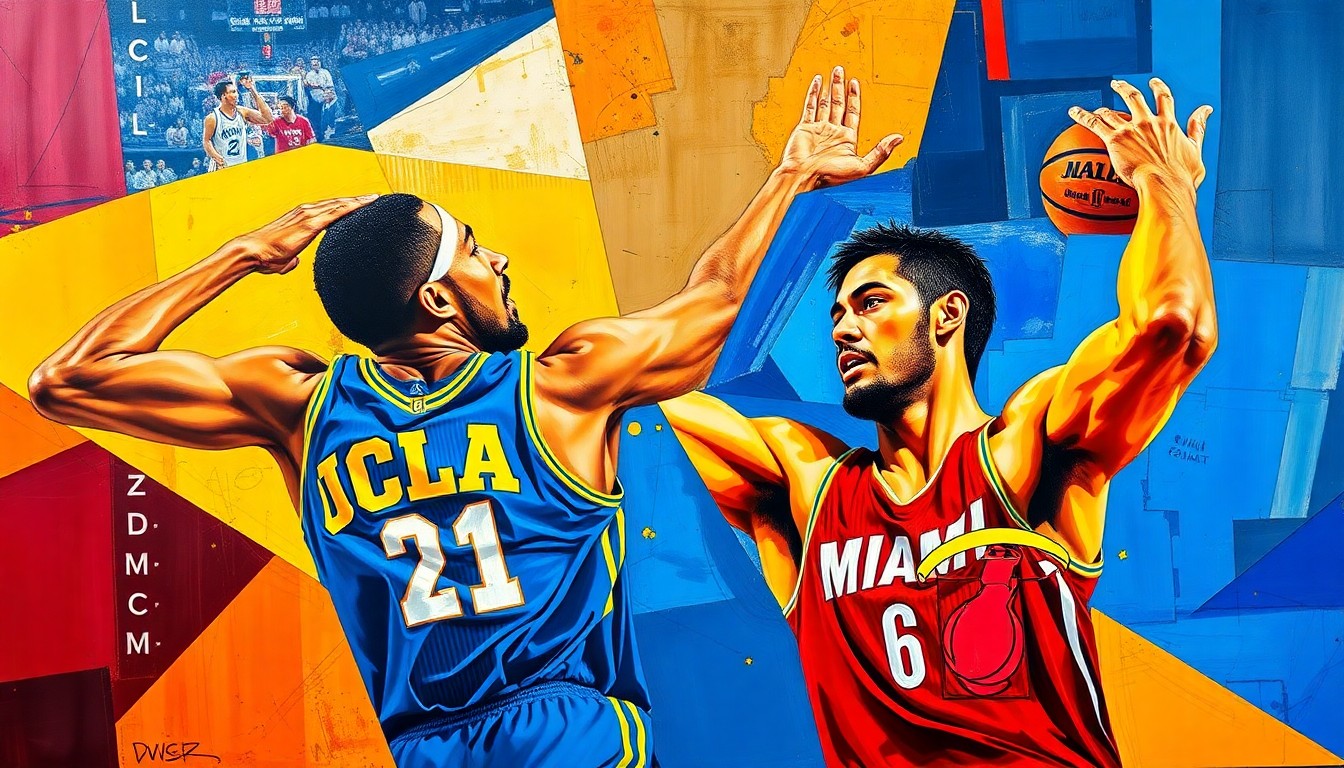 A cubist, geometric painting depicting overlapping basketball court scenes, with the Jaquez siblings' figures fragmented into sharp, angular shapes in UCLA blue and gold and Miami Heat red and yellow.