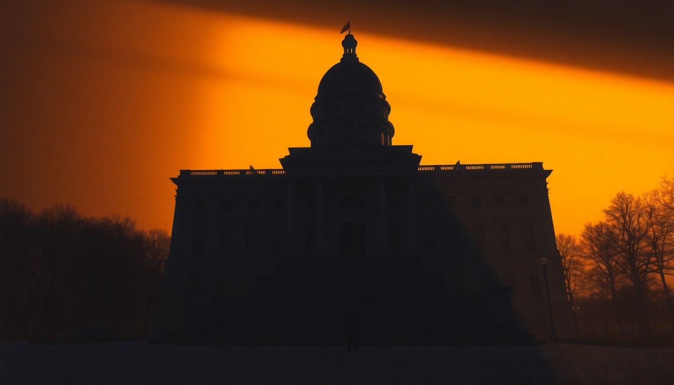 A photorealistic painting of the Connecticut state capitol building, with warm lighting and deep shadows creating a contemplative, cinematic mood, conveying the idea of a government institution that has become disconnected from the citizens it is meant to serve.