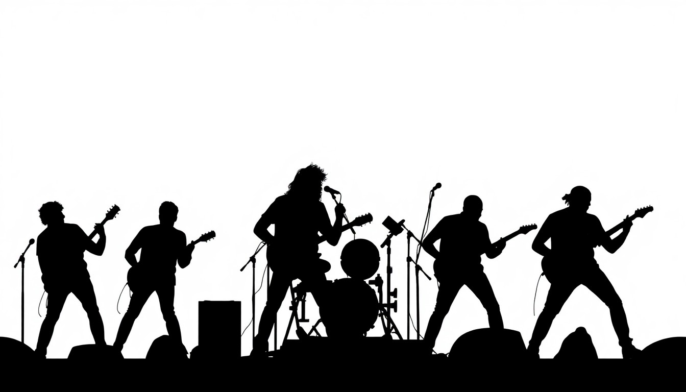 An abstract, minimalist illustration featuring a striking black silhouette of a rock band performing on stage, capturing the dynamic energy of a live music event.