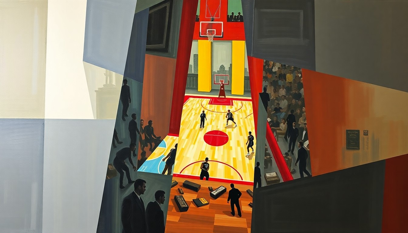 A vibrant, geometric painting depicting a Harlem Wizards basketball game, with players and the court broken down into sharp, overlapping shapes and planes of color, capturing the dynamic and energetic nature of the event.