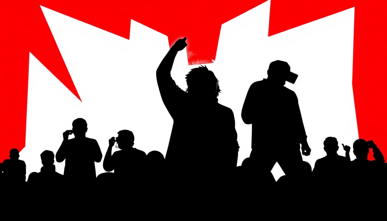 An abstract, minimalist illustration featuring sharp, geometric shapes in bold red and black, conceptually representing the energy and dynamism of the dance music industry.